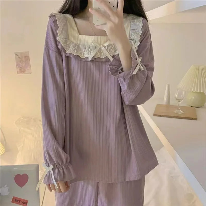 Bxoxo Pajamas Female 2 Sets Of Homewear Girls Spring And Autumn Long-Sleeved Trousers Sweet Student Princess Style Cute Homewear Set