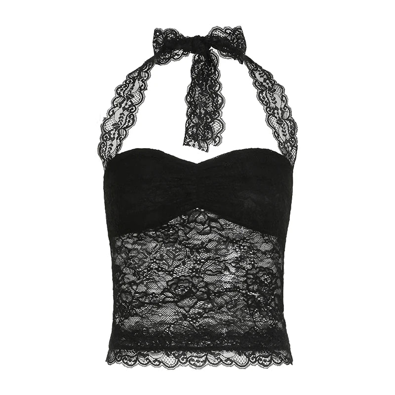 BXOXO Black Transparent Lace Camis Sexy See Through Sleeveless Bandage Halter Crop Top Women Summer Club Party Vest y2k Vintage
