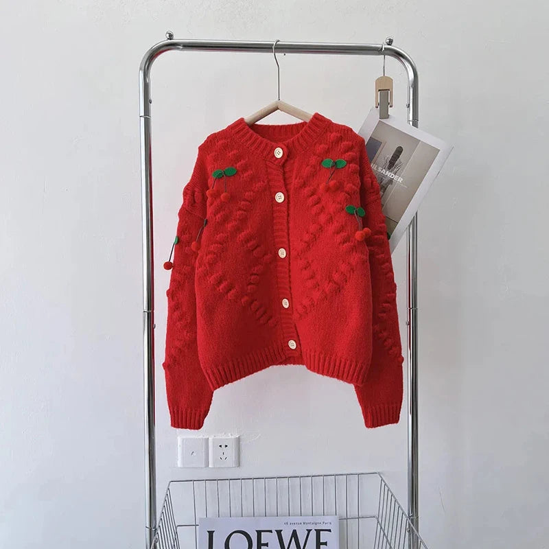 Bxoxo 3D Cherry Sweet Women Cardigan Spring New Korean Elegant Long Sleeve Casual Knit Sweaters Y2K Loose Lazy Style Female Coats