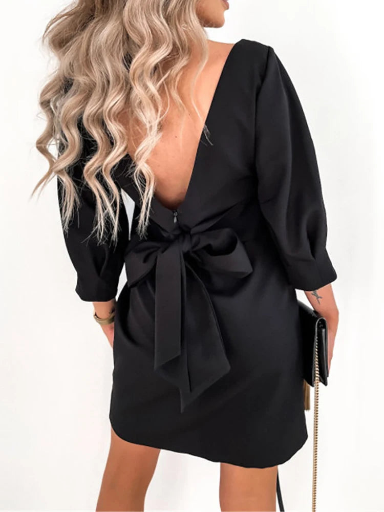 Bxoxo Women Solid O-Neck Princess Party Dress Spring Autumn Sexy Three Quarter Sleeve Ladies Bow Backless Streetwear