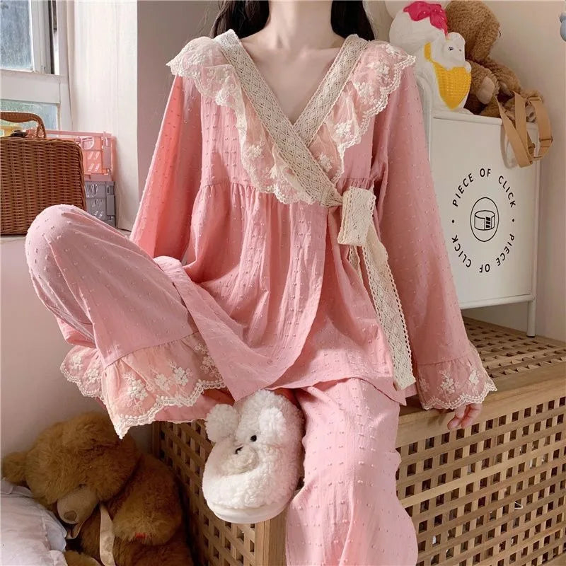 V-neck Tied Pajama Set for Women Spring Autumn Tops Long Sleeved Pants Lace Lace Pajamas