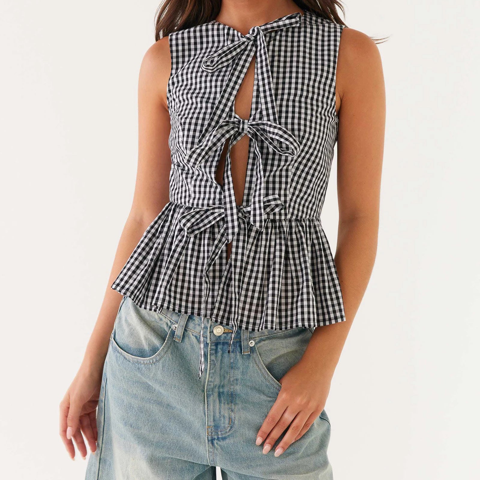 BXOXO Women Y2k Babydoll Tank Top Vintage Tie Side Plaid Sleeveless Peplum Cami Top Summer Going Out Crop Top Streetwear
