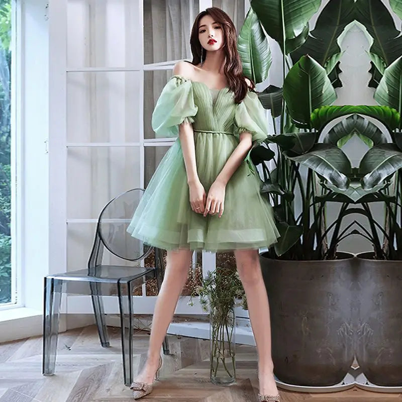 BXOXO Green Sweat Puff Sleeve Lady Girl Women Princess Bridesmaid Banquet Party Ball Prom Short Dress Gown Sexy Bandeau Backless Club