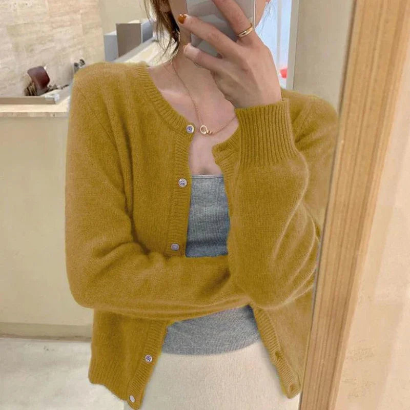 BXOXO Cold Weather Outfits Fall Solid Color Knitted Cardigan Women Korean Single Breasted Long Sleeve Jumper Woman Round Neck All Match Sweater Outwear Top