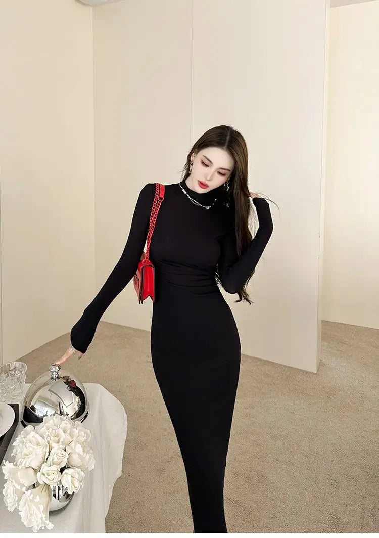 Bxoxo Grape Purple High Elasticity Cotton Tight Fitting Long Skirt for Women in Autumn with a Semi High Collar and a Slim Fit Dress