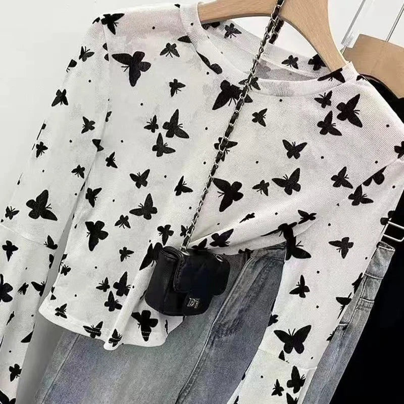 Bxoxo Sexy Mesh See Through Crop T Shirt Women Korean Butterfly Embroidery Lace Bottoming Tops Y2K Fashion Bell Sleeves Black Tees
