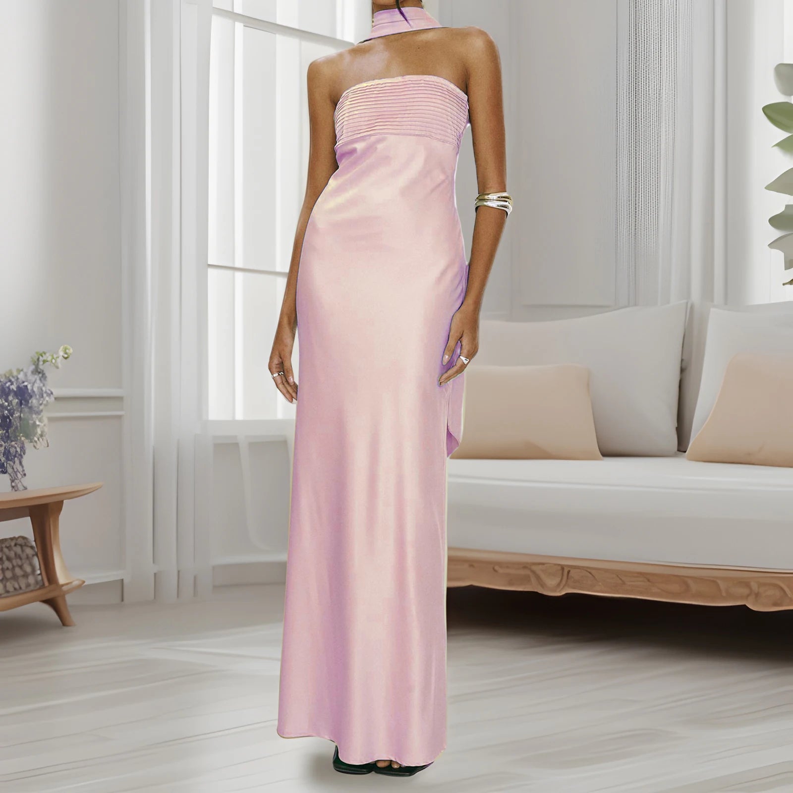 BXOXO Women Summer Long Bandeau Dress Sleeveless Off Shoulder Solid Color Tube Top Dress with Scarf Formal Cocktail Sundress