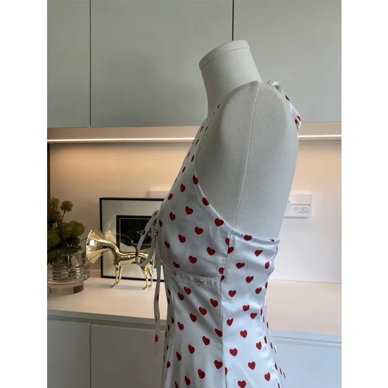 Bxoxo Sweet French Style Heart Print Satin Dress Neck Hanging Women's Maxi Skirt V-neck Sleeveless Empire Waist Spring Summer New