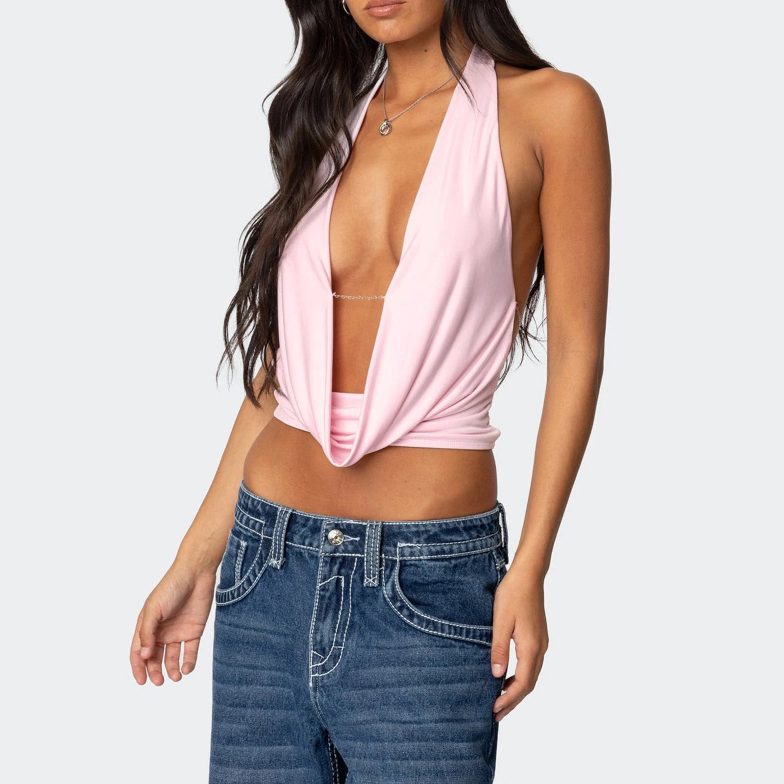 BXOXO Women Sexy Halter Tops Tie Back Deep V Neck Sleeveless Crop Tops Y2K Backless Tops for Women Party Club Night