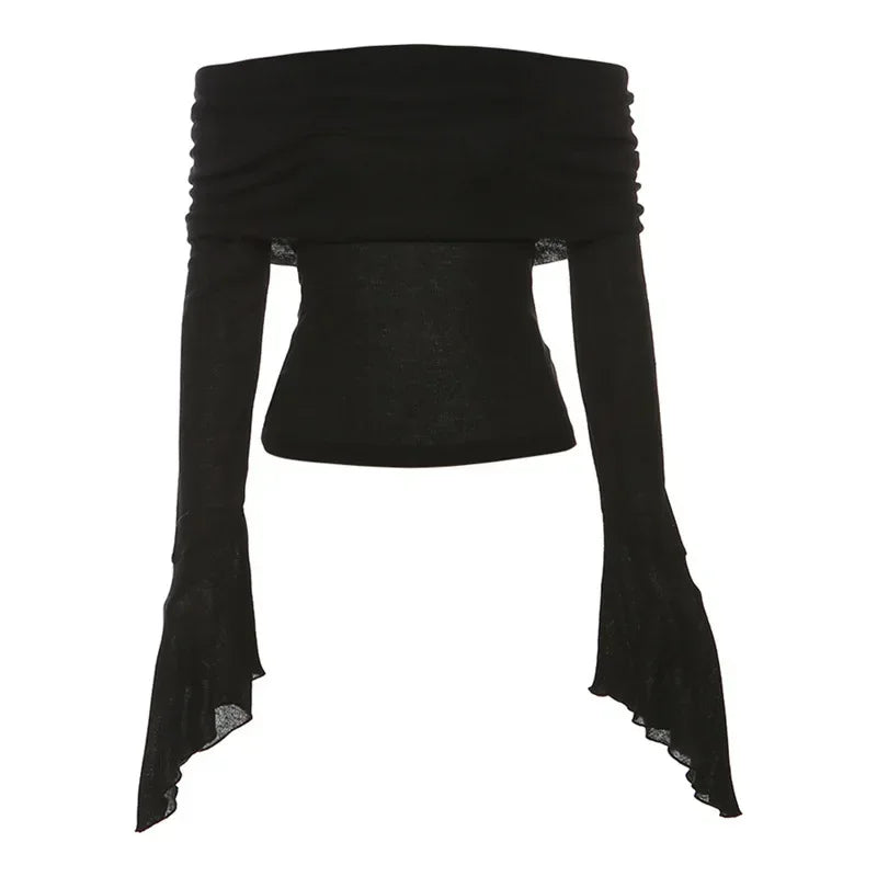 Bxoxo Y2k Aesthetic Women Translucence Tee Shirts Slash Neck Long Sleeve Solid Casual T-Shirts Vintage Off Shoulder Sexy Cute Tshirts