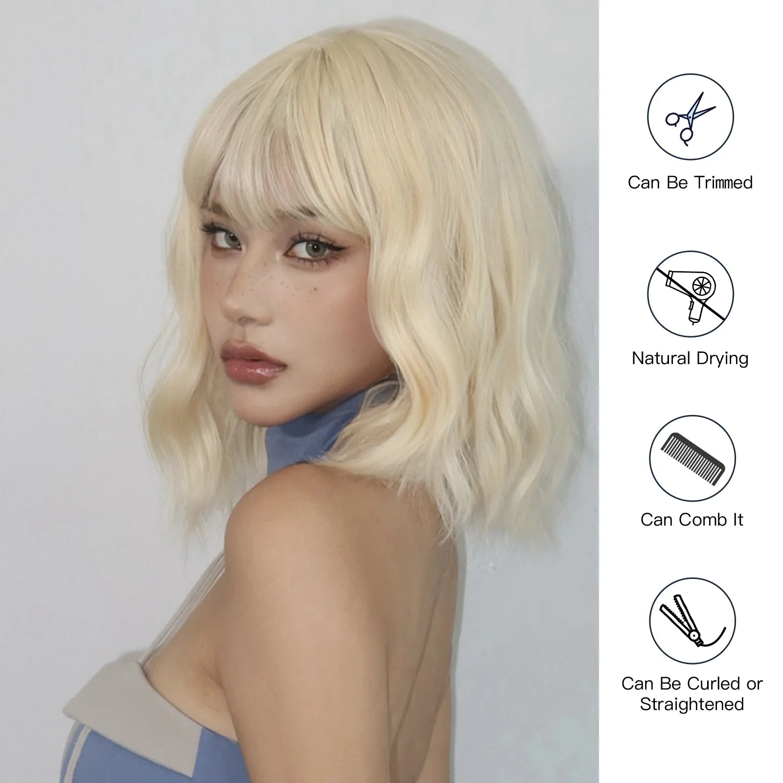 BXOXO Blonde Short Curly Bob Synthetic Wigs with Bangs Platium Golden Lolita Cosplay Wigs for Women Daily Party Cosplay Heat Resistant