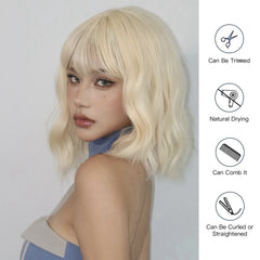 BXOXO Blonde Short Curly Bob Synthetic Wigs with Bangs Platium Golden Lolita Cosplay Wigs for Women Daily Party Cosplay Heat Resistant