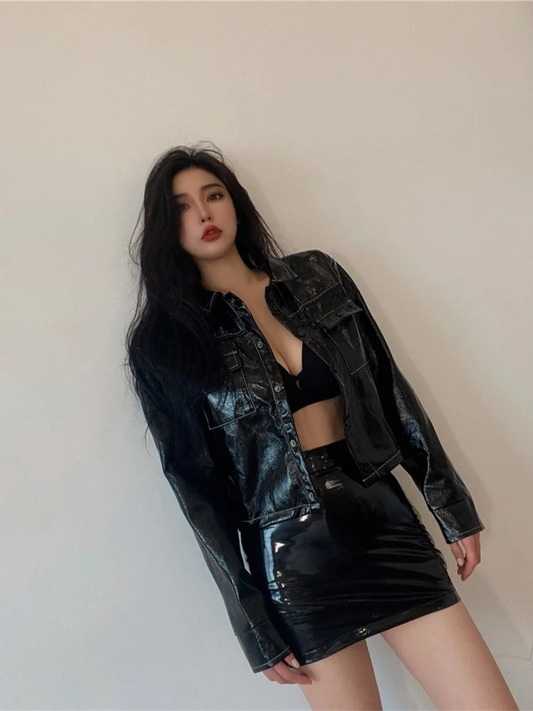 Bxoxo Autumn Sweet Winter Black Sexy Tight High Waist Leather Mini Skirt Reflective PU Hot Sexy Korean Women Sweet 9SVK