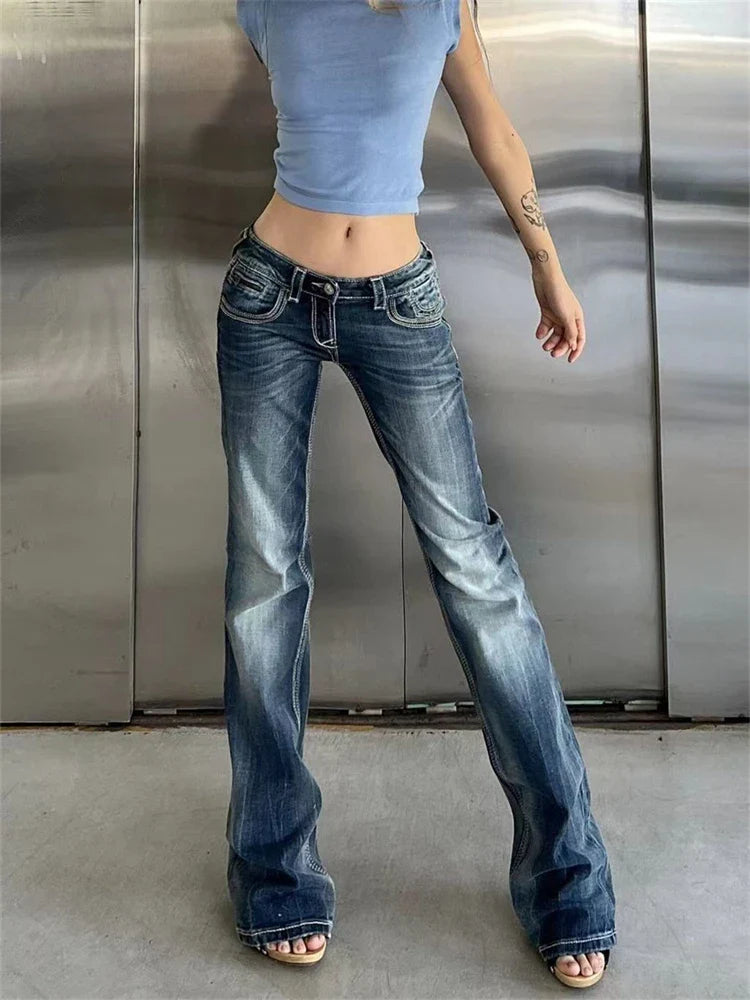 BXOXO Women's Low Waisted Micro Flared Narrow Jeans Summer New Casual Slim Retro Blue Denim Pants Female Sexy Bell-bottoms Trousers