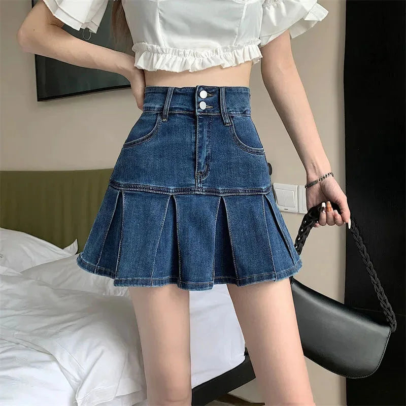 Bxoxo Vintage Blue Denim Pleated Skirt Women Y2K High Waist Ruffle All Match Mini Skirt Ladies Korean Streetwear A Line Jean Skirts