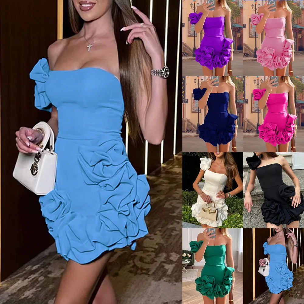 BXOXO Women Mini Dress Sexy Strapless Sleeveless Ruffles Dresses High Waist One Shoulder Elegant White Temperament Bodycon Vestidos