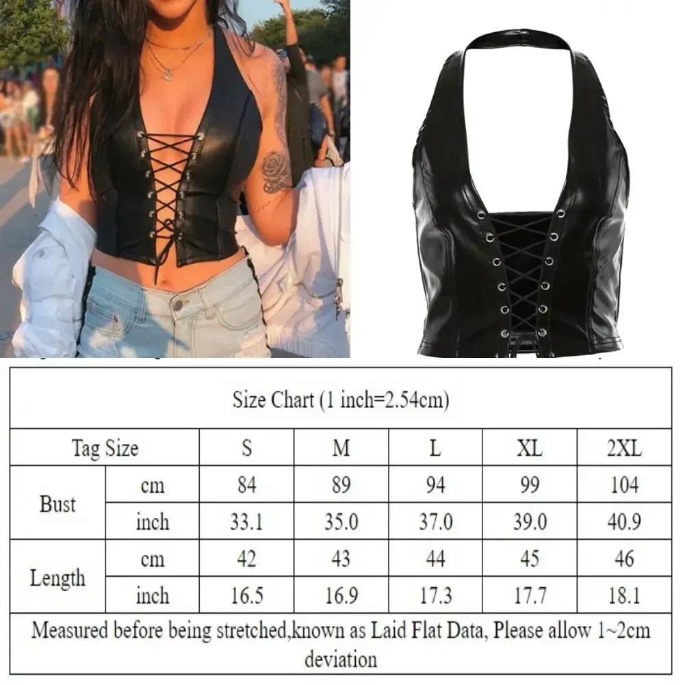 BXOXO Sexy Women‘s Tanks Vests Solid Black PU Leather Y2k Gothic Lace Up Deep V Neck Party Clubwear Wet Look Corset Bra Vest T Shirt