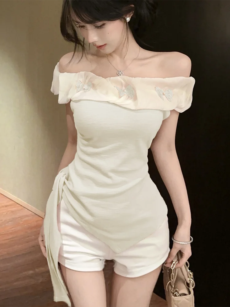 BXOXO Sexy Off Shoulder Slim T Shirt Women Elegant Fashion Slash Neck Sweet Tees Korean Lace Up Design Irregular Butterfly Tops