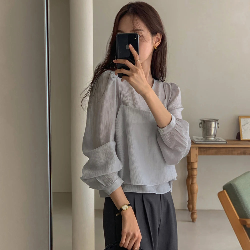 Bxoxo Unique Long Sve See-tough Tank Top Strap Vest Two-piece Set Chic Korean Sle Loose Fit round Ne Lantern Sve  ...