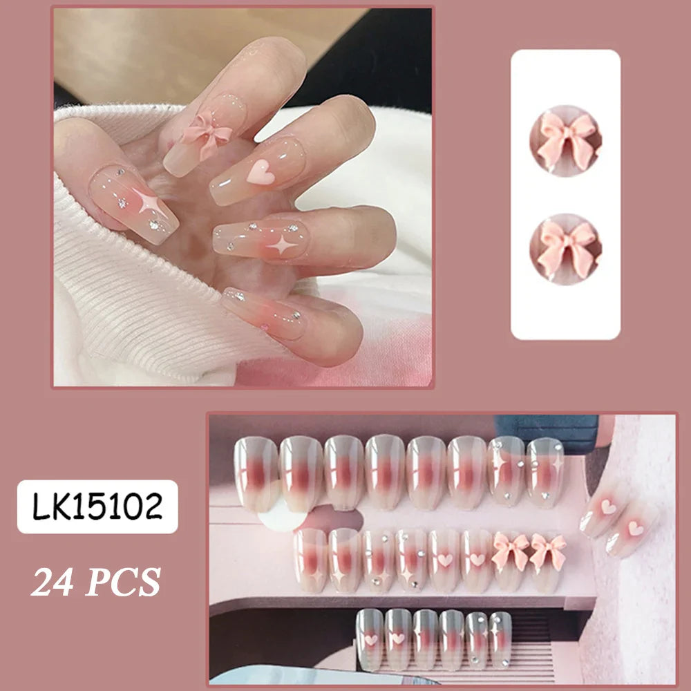 BXOXO Press On Nails Heart 24PCS Pink Bow False Nail Girls Sweet Style Save Time Medium Coffin Nail Free Shipping Full Cover Nail Tips