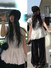 Bxoxo Korean Sle Summer Casual Pants Patchwork ort Sve Striped SEI Flower Bud Hem Lace Trim Loose Fit round Ne Top