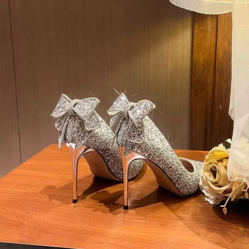 Bxoxo Shoes for Woman Stilito Silver Women's Summer Footwear Wedding Bride Shoe Rhinestone Pointed Toe Super High Heel Diamond 39