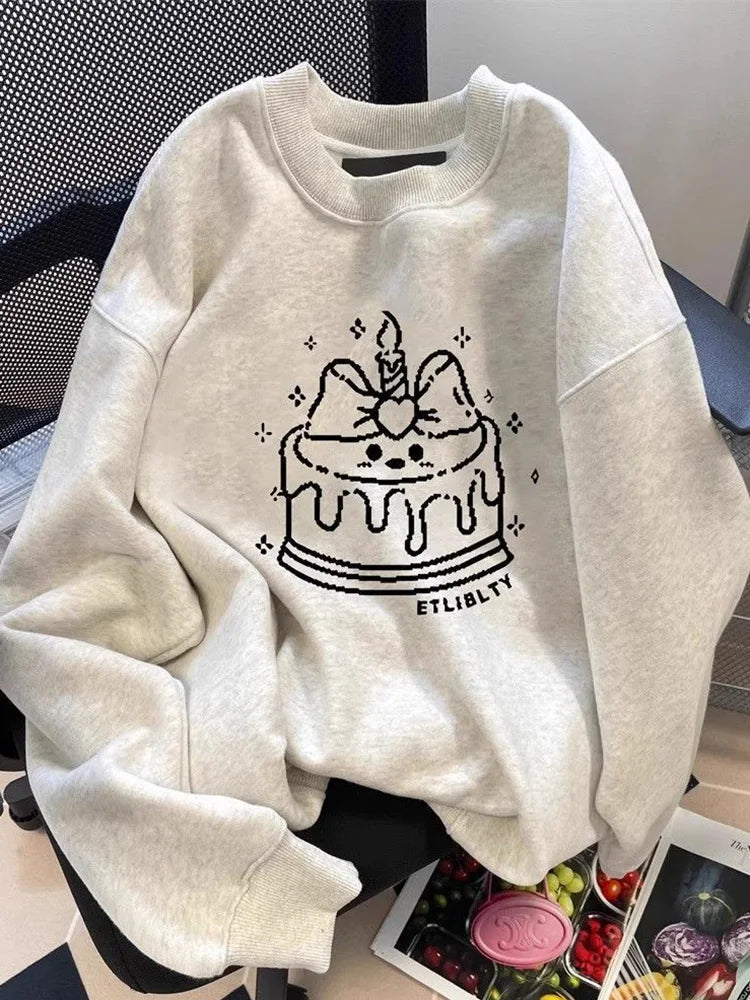 Bxoxo Cute Cake Print Sweatshirt Women Long Sleeve Loose Japan Kawaii Pullovers Fall Preppy Style O Neck Vintage Casual Sweet New Tops