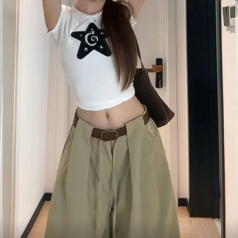 Bxoxo White Basic High Waist Wide Leg Women Pants Solid Color Korean Fashion Parachute Trousers Baggy Lace Up Youthful Summer