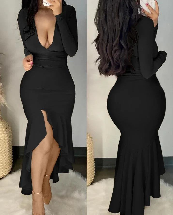 BXOXO Sexy Rhinestone Decor Cold Shoulder Ruched Bodycon Long Sleeve Dress Midi Skinny Party women's dresses