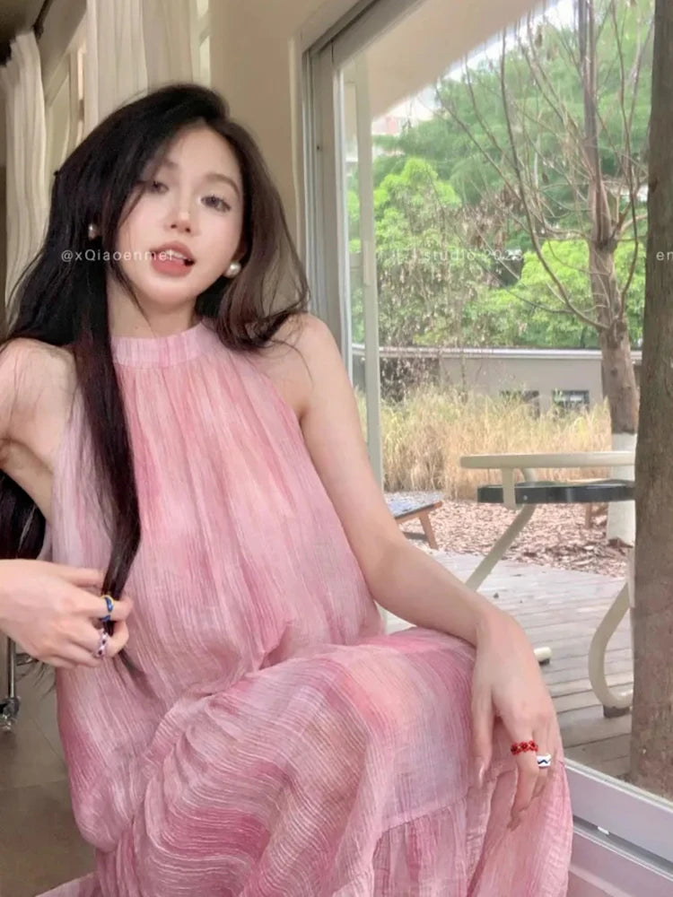 Bxoxo Pink Tie Dye Beach Long Dress Women Elegant Casual Sleeveless Sweet Tanks Dress Casual Vintage Summer Lady Loose Long Dress