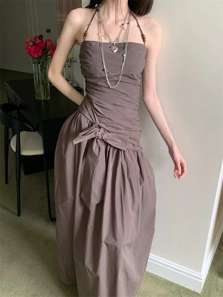 Bxoxo Ruched Backless Halter Maxi Dress For Woman Summer 2025 Tunic Ball Gown Strapless Long Dress Elegant Party Clothes