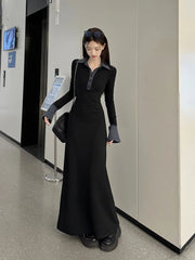 Bxoxo Black Patchwork Long Sleeve Knit Dress Women Autumn Korean Lapel Midi Dress Y2K Elegant Office Lady All Match Party Vestidos