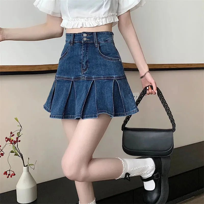 Bxoxo Vintage Blue Denim Pleated Skirt Women Y2K High Waist Ruffle All Match Mini Skirt Ladies Korean Streetwear A Line Jean Skirts