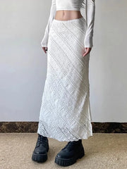 Bxoxo Elegant White Lace Long Skirt Women Vintage Slim Sexy Slit Streetwear Skirts Summer Retro High Waist Design Lady Long Skirt