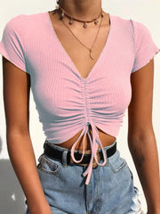 BXOXO Sexy V Neck Cropped Tank Tops Women Drawstring Tie Up Front Camis Candy Colors Streetwear Slim Fit Ribbed Crop Top