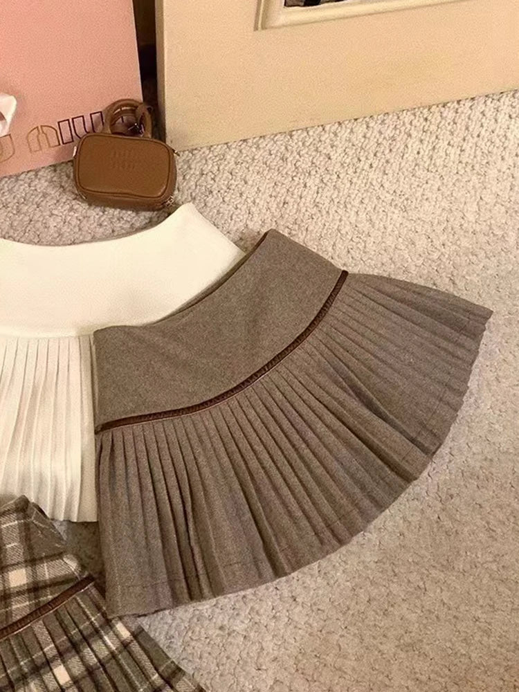 Bxoxo Vintage Plaid Pleated Skirts Women Y2K Autumn Winter Preppy Faux Woolen Mini Skirts Female High Waist Sweet Blended Skirts New