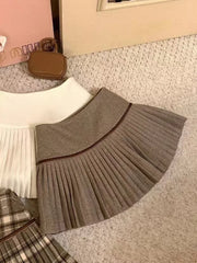 Bxoxo Vintage Plaid Pleated Skirts Women Y2K Autumn Winter Preppy Faux Woolen Mini Skirts Female High Waist Sweet Blended Skirts New