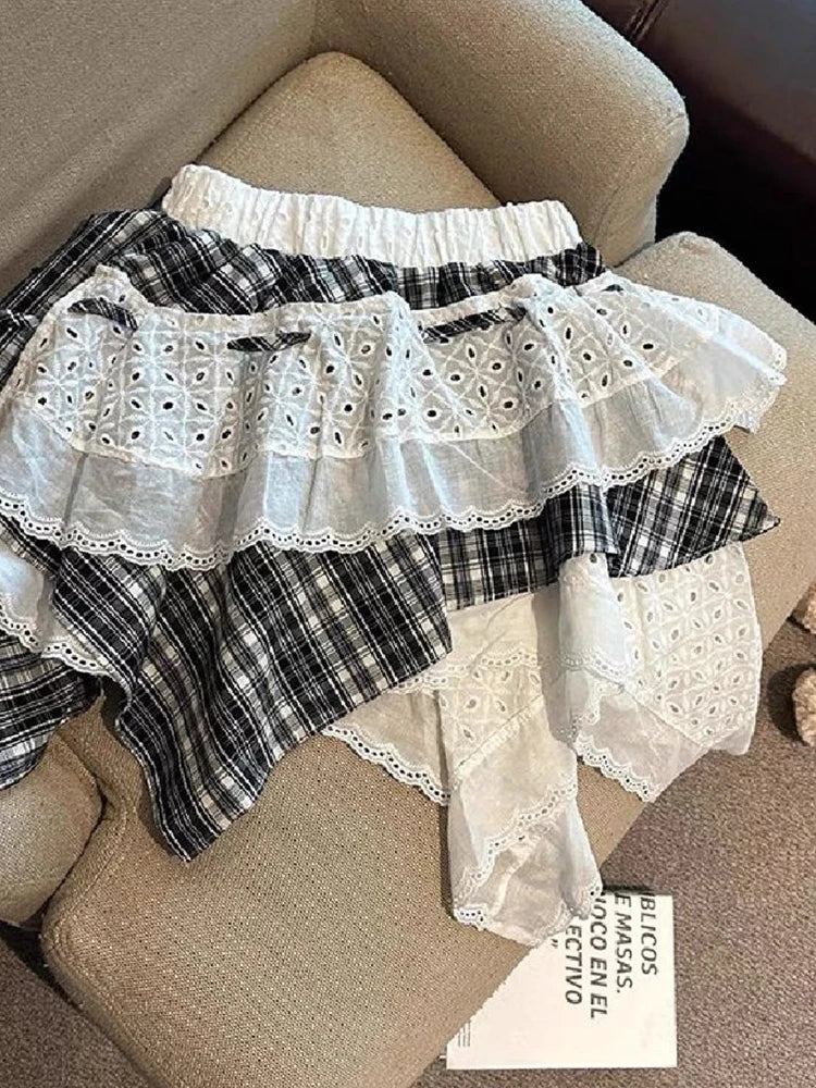 Bxoxo Y2K Plaid Patchwork Skirt Women Vintage Casual High Waist Streetwear Mini Skirts Retro Harajuku American Irregular Skirt