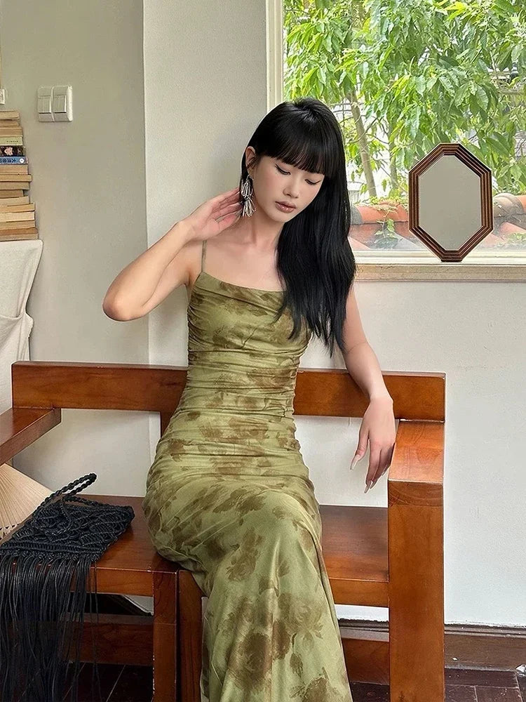 Bxoxo Retro Printed Camis Dress Women Summer Sexy Slim Spaghetti Straps Backless Party Dress Korean Chic Elegant Beach Vestidos New