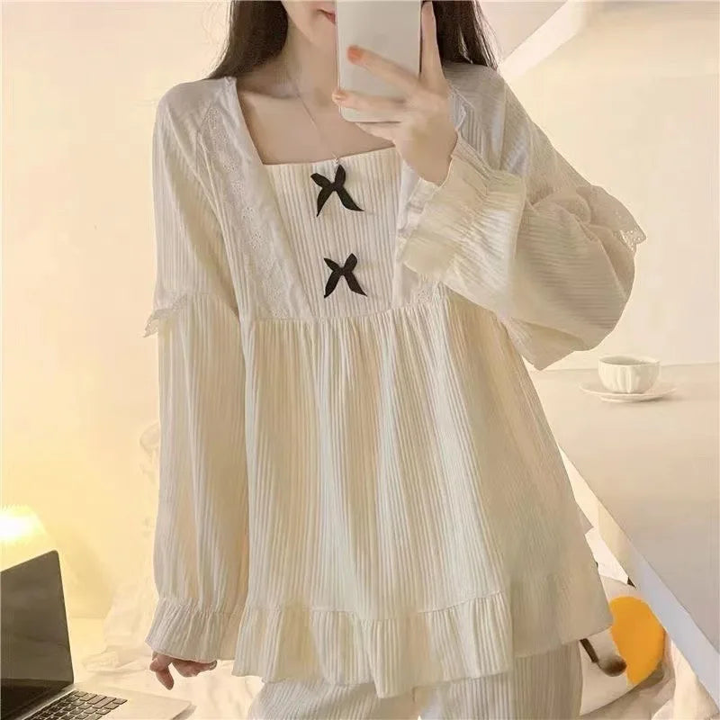 Bxoxo Pajamas Female 2 Sets Of Homewear Girls Spring And Autumn Long-Sleeved Trousers Sweet Student Princess Style Cute Homewear Set