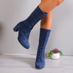 BXOXO New Women Shoes Lace Up Mid-Calf Womens Boots Autumn Winter Thick Heel Solid Flock Ladies Boots Large Size 43 Fashion Boots