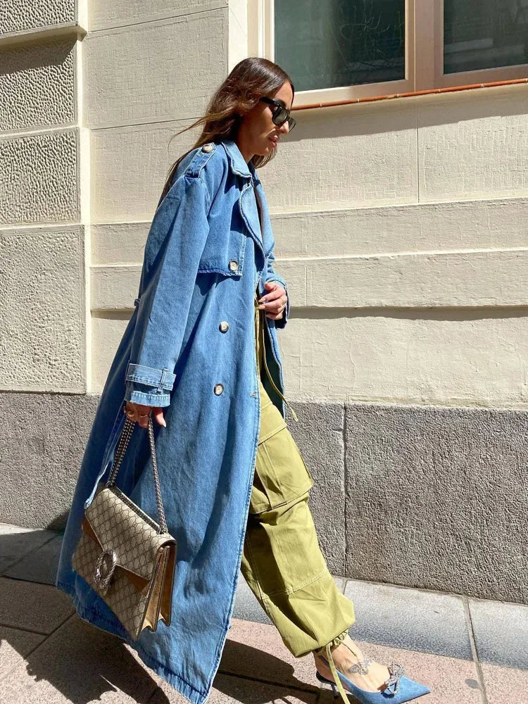 BXOXO X-Long Denim Trench Coats For Women Belt On Waist Slim Jean Coats Ladies Jaqueta Feminina Blue Jean Jacket Woman