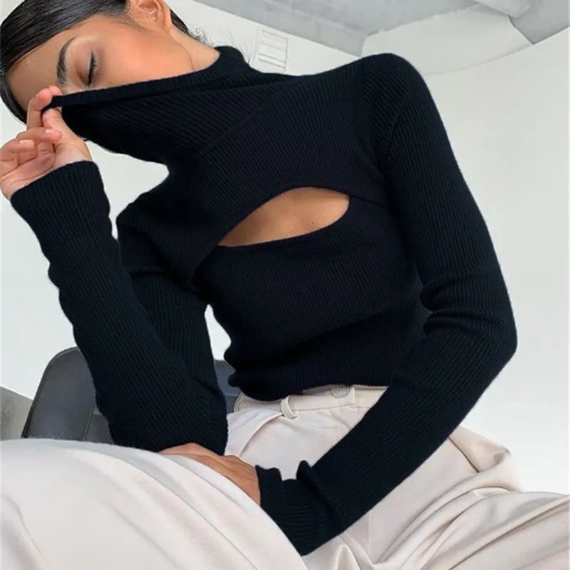 BXOXO Hollow Out Knitted Tops Women Long Sleeve T-shirts Autumn Winter Undershirts Fashion Office Lady Clothes Warm Ribbed Sweater