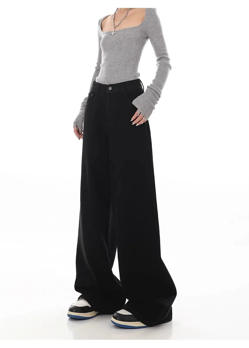 Bxoxo Y2K Black Jeans for Women Korean Fashion Streetwear High Waist Wide Leg Denim Pants Female Baggy Straight Trouser
