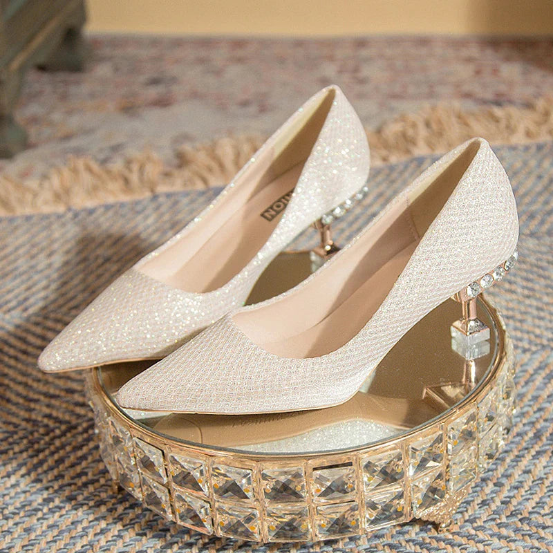 BXOXO Bling Gold Silver Pointed Toe Pumps Women Rhinesthone Thin Heels Party Wedding Shoes Woman Shallow High-Heeled Shoes