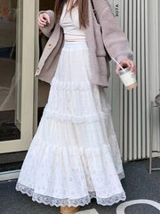 Bxoxo Elegant Lace Splicing Midi Skirt for Women Y2K Summer High Waist Chic Hollow Out A Line Skirts Korean Solid All-Match Long Skirt