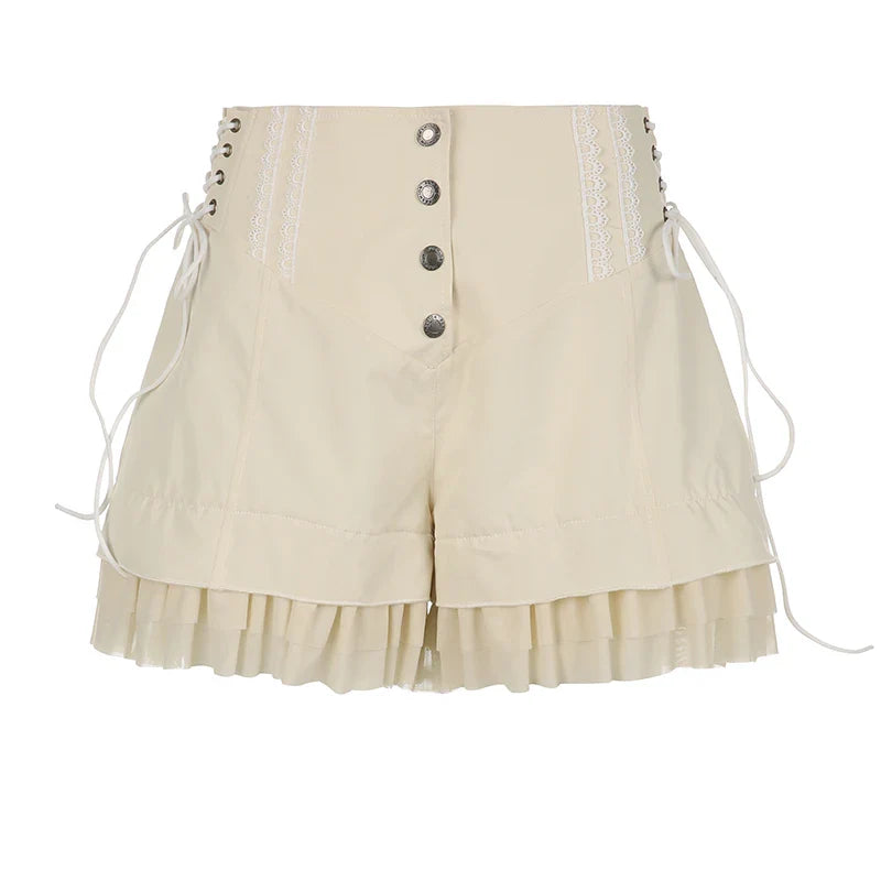 BXOXO Fashion Chic Ruffles Spliced High Waist Shorts Women Lace Trim Buttons Coquette Clothes Summer Shorts Tie Up Outfits