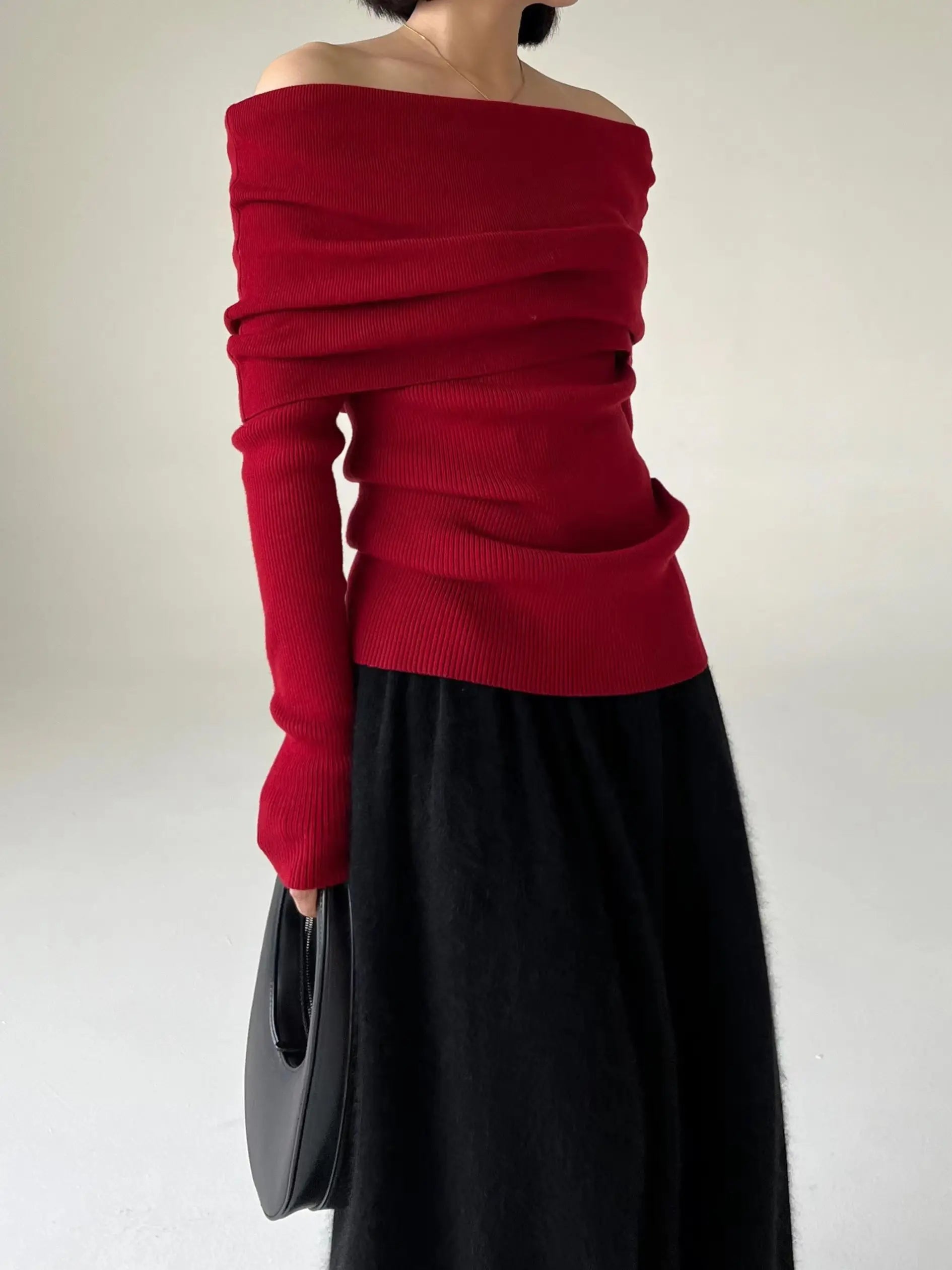 Bxoxo Spring Autumn Off Shoulder Women Sweaters Elegant Vintage Knitted Solid Jumper High Stretch Top  C-038