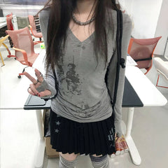 BXOXO Japanese Y2k Graffiti Print T-shirt Trashy 2000s Style V-neck T Shirt Vintage Harajuku Streetwear Grunge American Retro