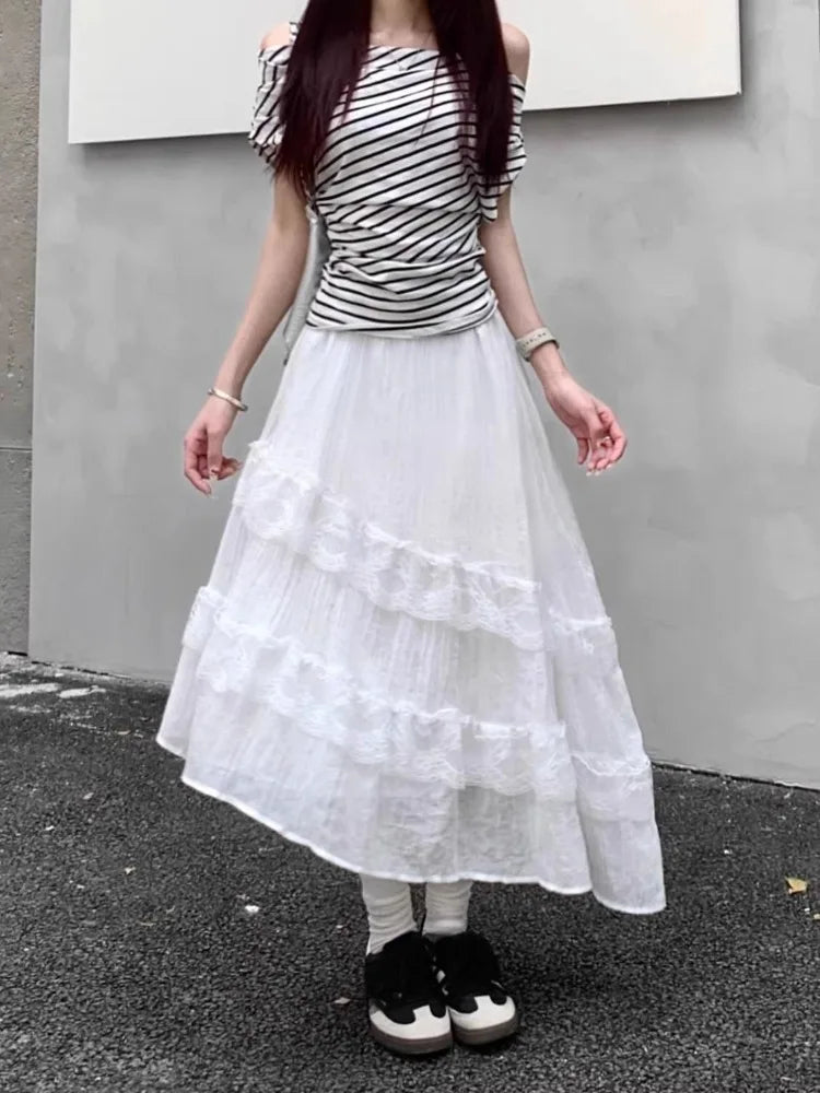 BXOXO Sweet Skirts Women Lace Patchwork Irregular Summer Fashion 2025 Solid Elegant Stretch High Waist Loose Long Skirt